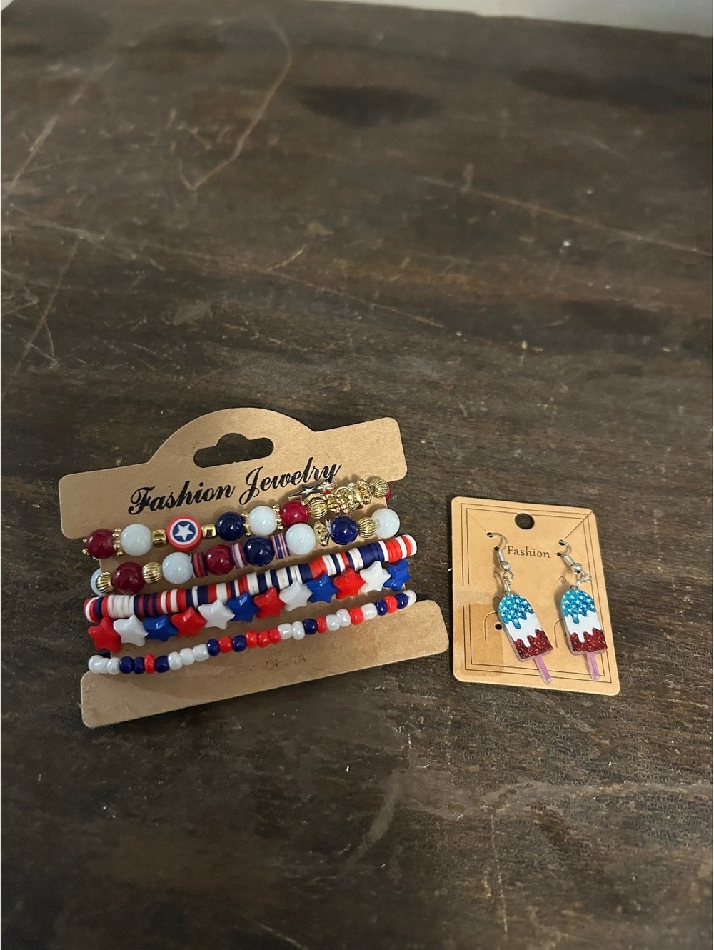 Patriotic Red, White, and Blue Beaded Bracelet Set with Ice Cream Cone Earrings